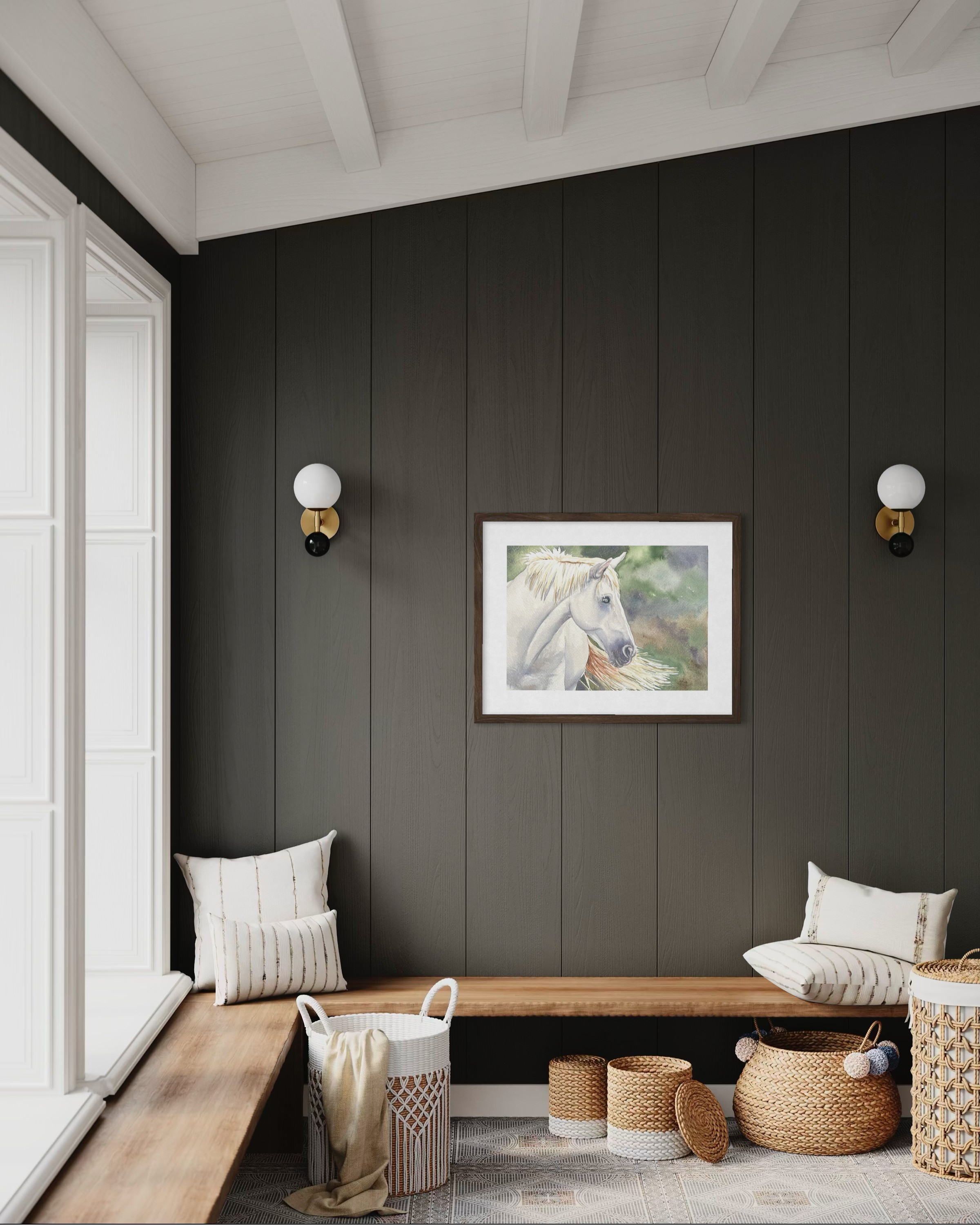 A styled living room with a watercolor wall decor painting showing a white horse.