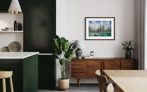 Modern kitchen with black cabinets, wooden furniture, and a painting of Spirit Island, Alberta on the wall.
