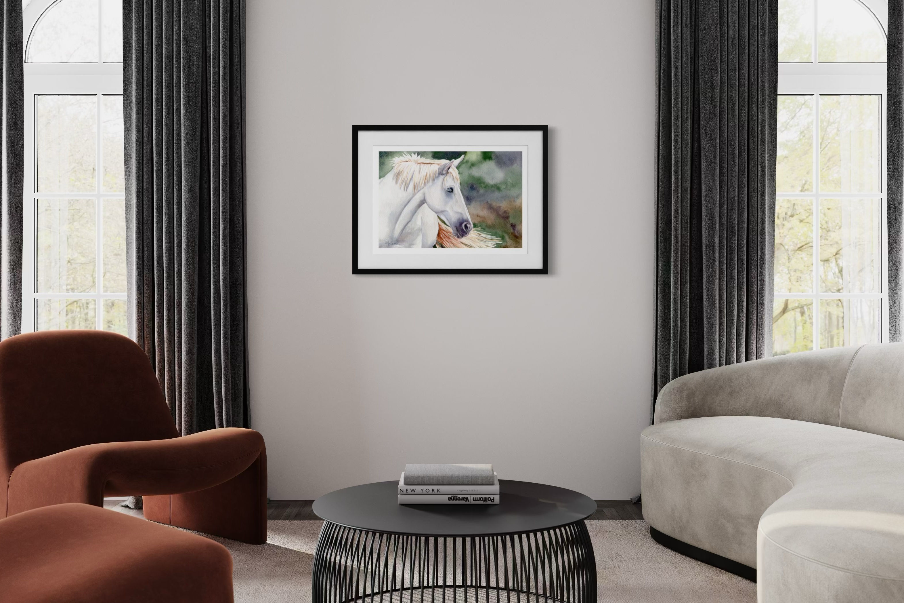 Living room with a framed picture of a horse on the wall, brown armchair, and white sofa.